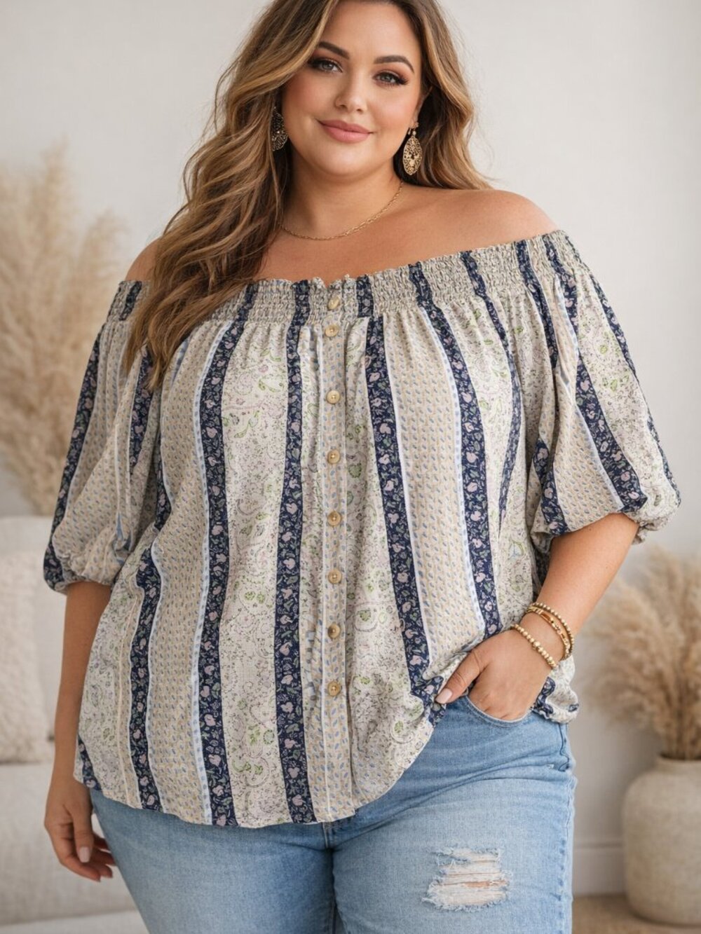 Davi & Dani Boho Peasant Top 3XL | Smocked Off Shoulder Blouse | Paisley Stripe